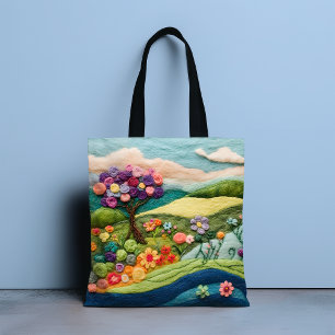 Kleurrijk namaak vilten bloemrijk landschap tote bag