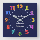 Kleurrijk Nummer Aangepaste Naam Leraar Klaslokaal Vierkante Klok (Voorkant)