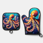 Kleurrijk Octopus Uitzicht Design Ovenwant & Pannenlap Set (Voorkant)