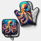 Kleurrijk Octopus Uitzicht Design Ovenwant & Pannenlap Set (Voorkant / Achterkant)
