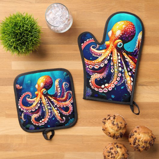 Kleurrijk Octopus Uitzicht Design Ovenwant & Pannenlap Set (Top down)