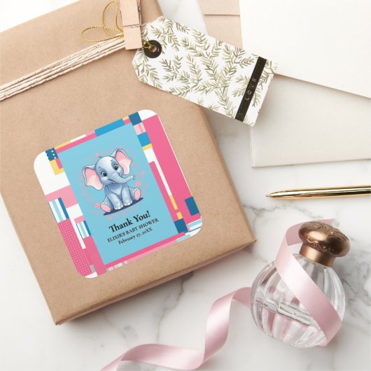Kleurrijk Oerwoud Blue Elephant Baby shower Vierkante Sticker (Geschenken)