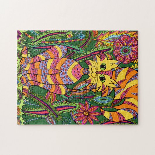 Kleurrijk Oerwoud Kat tuinbosbloemen Legpuzzel (Horizontaal)