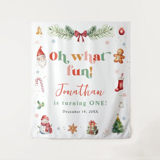 Kleurrijk Oh Wat Leuk Eerste Kerst Verjaardag Wandkleed (Voorkant)