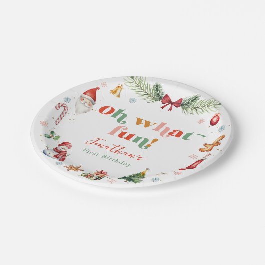 Kleurrijk Oh Wat leuk Eerste Kerstmis Verjaardag Papieren Bordje (Gekanteld)