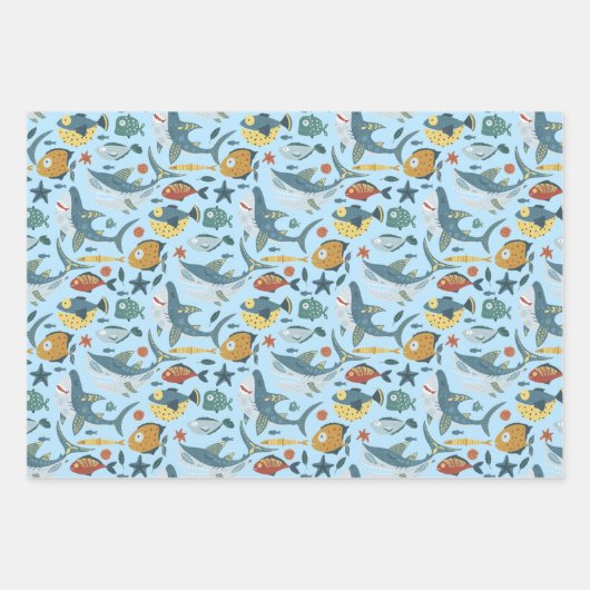 Kleurrijk onder het Zee Shark Ocean Blue Pattern Inpakpapier Vel (Voorkant)