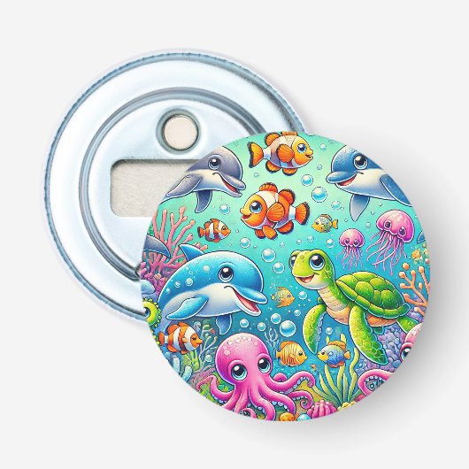 Kleurrijk Onderwater Scène met Speelse Zee Button Flesopener (Voorkant)