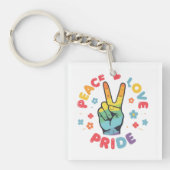 Kleurrijk ontwerp met vrede, liefde en trots hand sleutelhanger (voorkant)