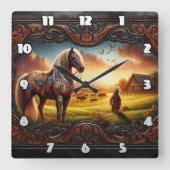 Kleurrijk oorlogspaard in een levendig zonsonderga vierkante klok (Voorkant)
