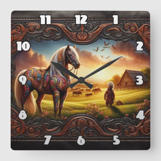 Kleurrijk oorlogspaard in een levendig zonsonderga vierkante klok (Voorkant)