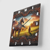 Kleurrijk oorlogspaard in een levendig zonsonderga vierkante klok (Hoek)