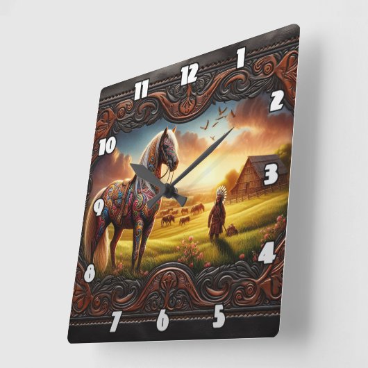 Kleurrijk oorlogspaard in een levendig zonsonderga vierkante klok (Hoek)