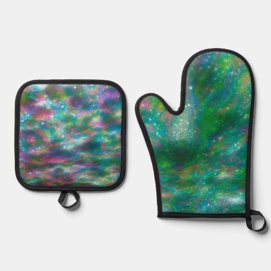 kleurrijk ovenwant & pannenlap set (Voorkant)