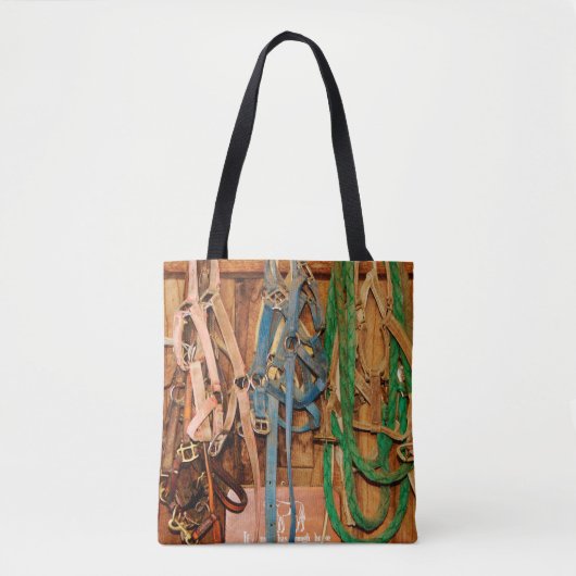 Kleurrijk paard, tack, dieren, schuur, blauw, brui tote bag (Voorkant)
