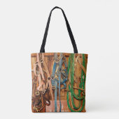Kleurrijk paard, tack, dieren, schuur, blauw, brui tote bag (Achterkant)