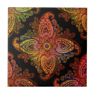 Kleurrijk paisleymotief op zwart 02 tegeltje