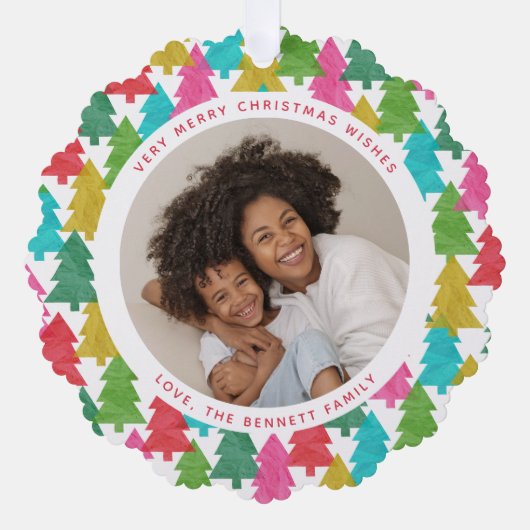Kleurrijk papier kerstbomen 2 foto ornament kaart (Voorkant)