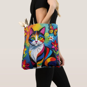Kleurrijk papieren kat, bloemen en vlinders tote bag