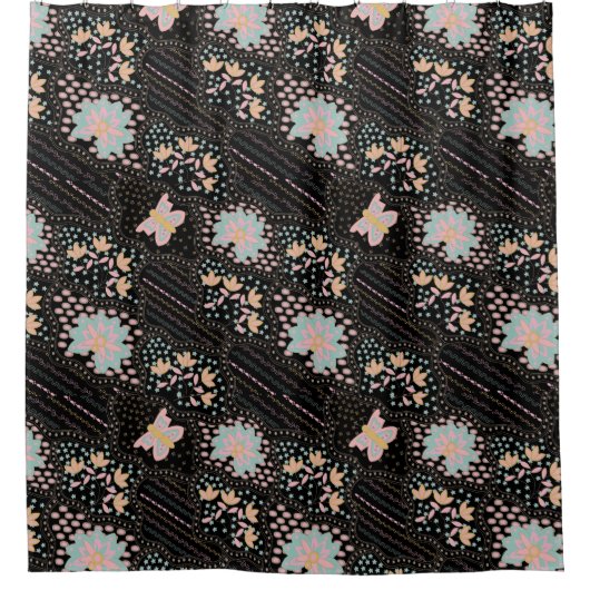 Kleurrijk Pastel Bloemmotief Vlinders Batic  patro Douchegordijn (Voorkant)