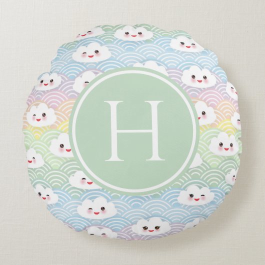 Kleurrijk Pastel Kawaii Wolken Patroon Monogram Rond Kussen (Voorkant)
