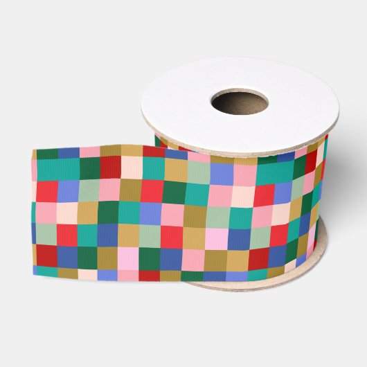 Kleurrijk Patchwork Dambord Modern Vakantie Grosgrain Lint (Spoel)