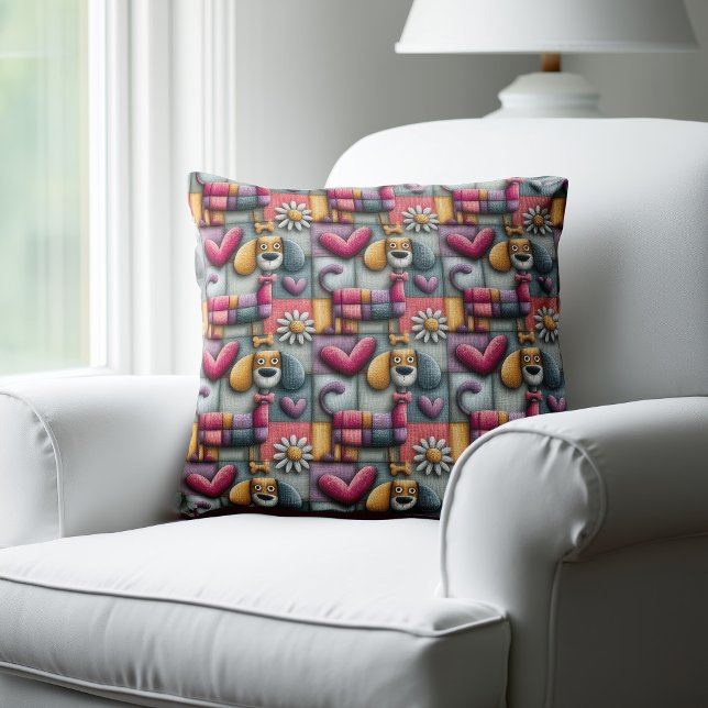 Kleurrijk Patchwork Hondenpatroon Kussen (Creator heeft geüpload)