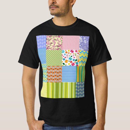 Kleurrijk Patchwork Patroon Grafische T-Shirt (Voorkant)