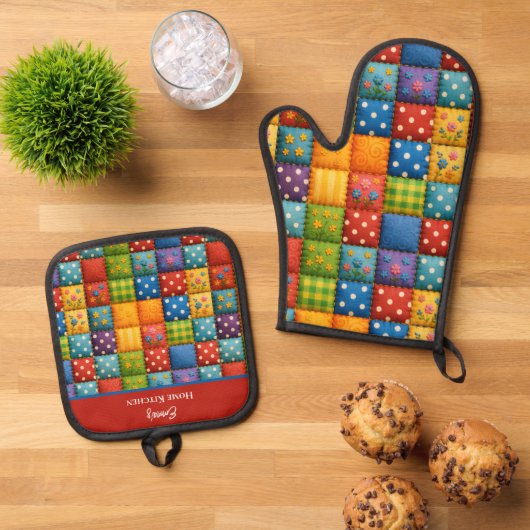 Kleurrijk Patchwork Patroon Ovenwant & Pannenlap Set (Top down)