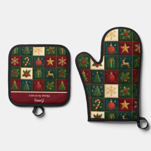 Kleurrijk Patchwork Patroon Ovenwant & Pannenlap Set (Voorkant)