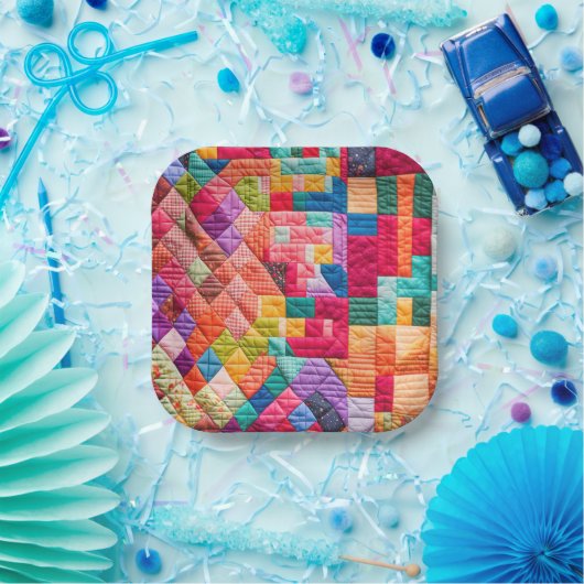 Kleurrijk Patchwork Quiltpatroon Papieren Bordje (Feest)