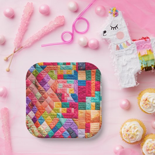 Kleurrijk Patchwork Quiltpatroon Papieren Bordje (Feest)