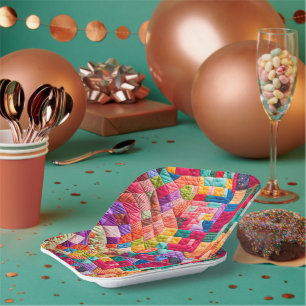 Kleurrijk Patchwork Quiltpatroon Papieren Bordje