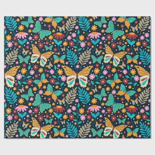 Kleurrijk patroon van bloemen en vlinders cadeaupapier (Vlak)