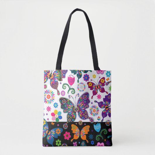 Kleurrijk patroon van bloemen en vlinders tote bag (Voorkant)