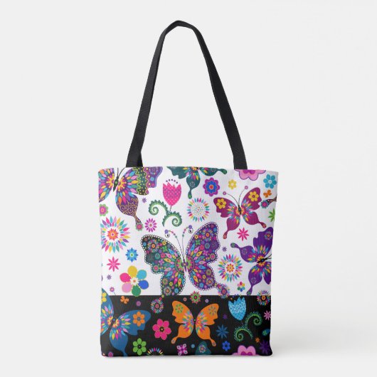 Kleurrijk patroon van bloemen en vlinders tote bag (Achterkant)
