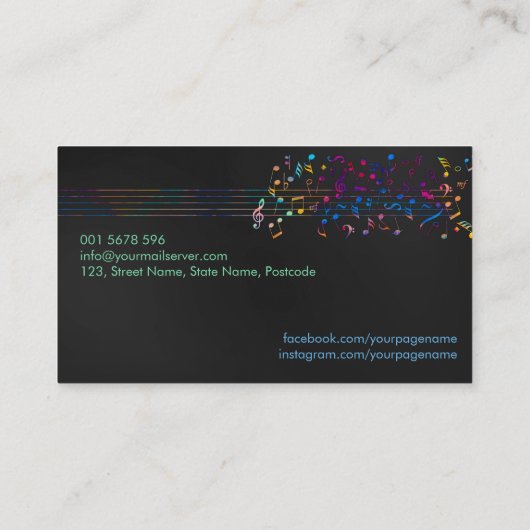 Kleurrijk patroon van Muzieknoten op zwart Visitekaartje (Achterkant)