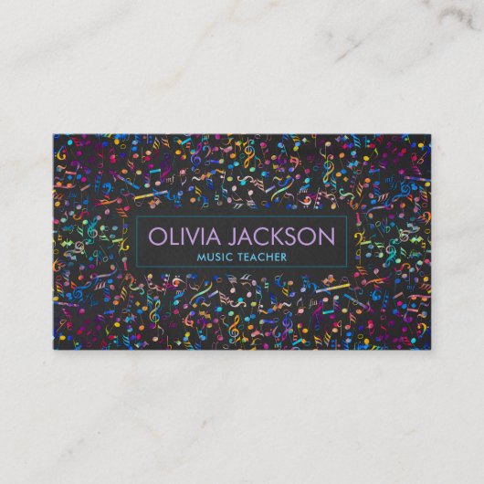 Kleurrijk patroon van Muzieknoten op zwart Visitekaartje (Voorkant)