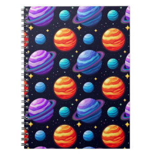 Kleurrijk patroon van planeten en sterren notitieboek