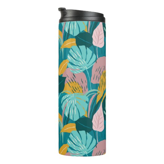 Kleurrijk patroon van tropische bladeren en bloeme thermosbeker (Geroteerd rechts)
