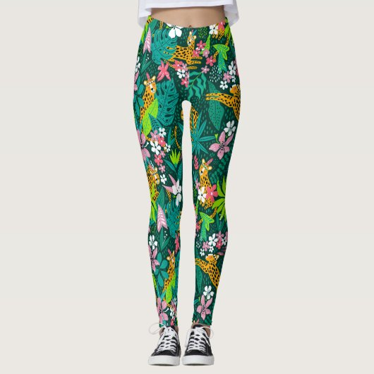 Kleurrijk patroon van tropische bloemen en dieren leggings (Voorkant)