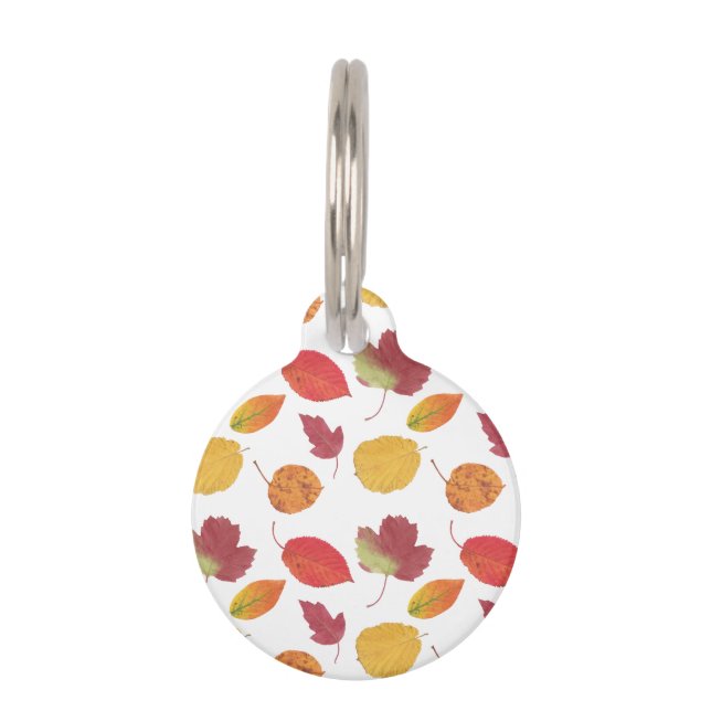 Kleurrijk patroon van valbladeren en informatie va huisdierpenning (Voorkant)