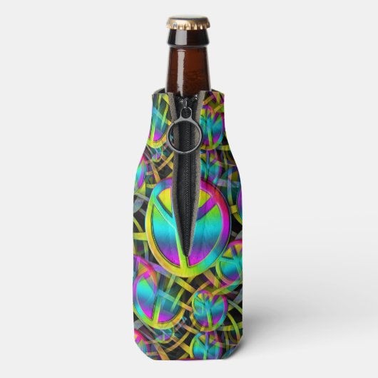 Kleurrijk PEACE naadloos patroon + uw ideeën Flesjeskoeler (Fles Achterkant)