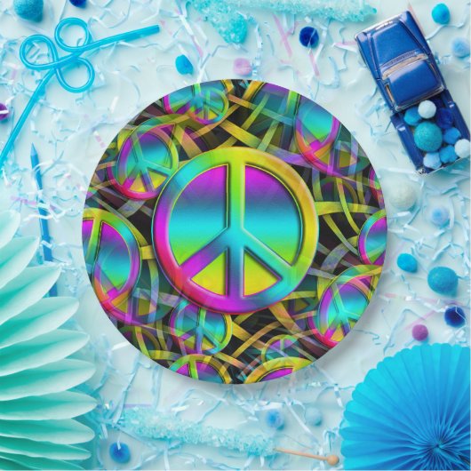 Kleurrijk PEACE naadloos patroon + uw ideeën Papieren Bordje (Feest)