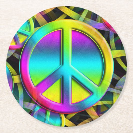 Kleurrijk PEACE naadloos patroon + uw ideeën Ronde Kartonnen Onderzetter (Voorkant)