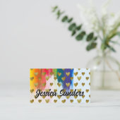 Kleurrijk | Penseelstreken | Gold Hearts Pattern Visitekaartje (Staand voorkant)