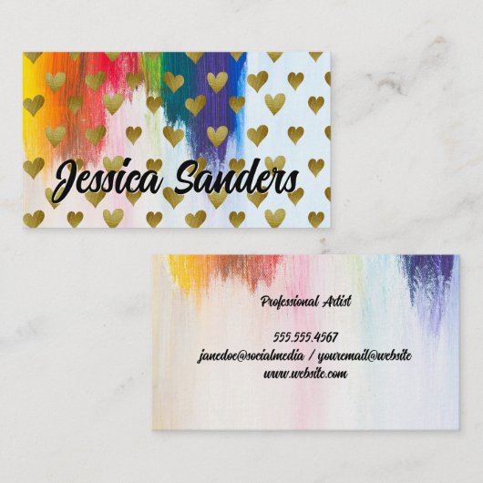 Kleurrijk | Penseelstreken | Gold Hearts Pattern Visitekaartje (Voorkant / Achterkant)