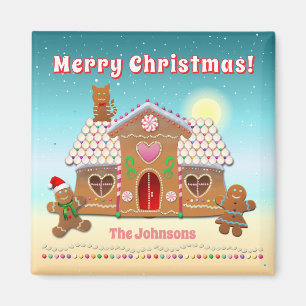 Kleurrijk peperkoekhuis met een kat op het dak magneet