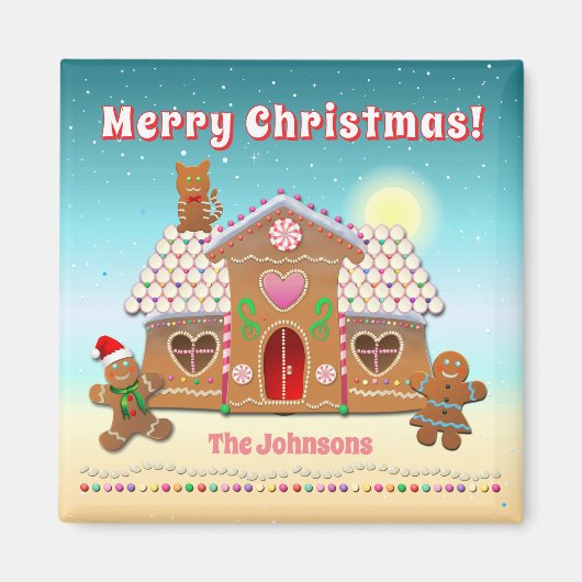 Kleurrijk peperkoekhuis met een kat op het dak magneet (Voorkant)