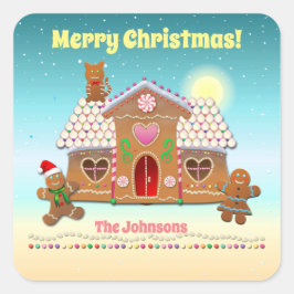 Kleurrijk peperkoekhuis met een kat op het dak vierkante sticker