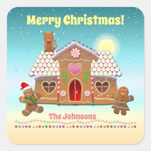 Kleurrijk peperkoekhuis met een kat op het dak vierkante sticker (Voorkant)